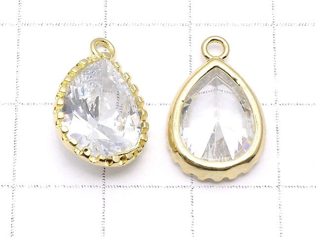 Metal parts CZ Pear shape Faceted charm 18x12x6mm Gold color 2pcs