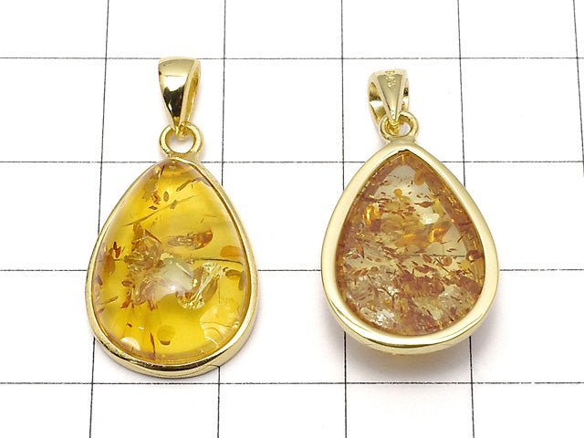 [Video] Baltic Amber Pear shape Pendant 19x14mm 18KGP 1pc