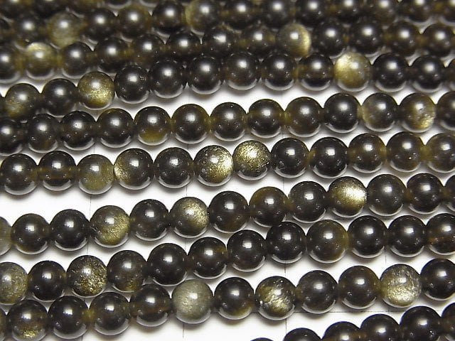 [Video] Golden Sheen Obsidian AAA Round 4mm 1strand beads (aprx.15inch / 38cm)