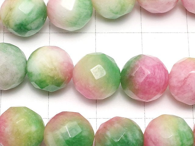 Pink & Green Jade 64Faceted Round 10mm 1strand beads (aprx.15inch / 37cm)