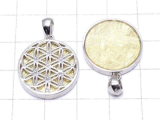Meteorite Flower of Life Designed Coin Pendant 20 mm Gold Color Silver 925