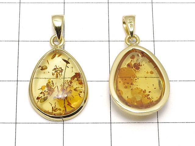 [Video] Baltic Amber Pear shape Pendant 17x13mm 18KGP 1pc