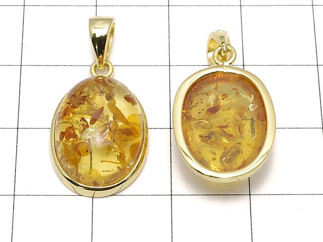 [Video] Baltic Amber Oval Pendant 17x13mm 18KGP 1pc