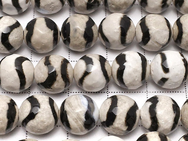[Video] Black Line Carved Agate Faceted Round 10mm 1strand beads (approx. 14 inches/34 cm)