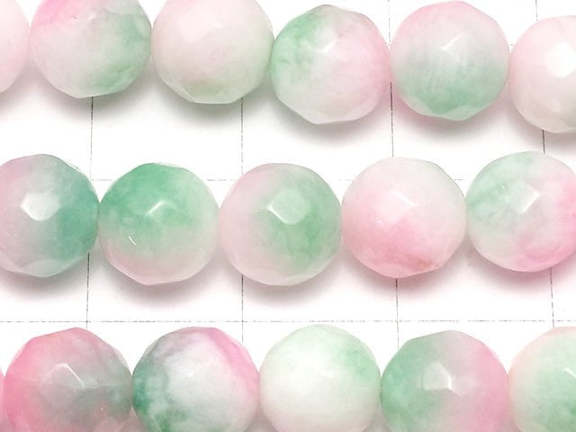 Pink & Green Jade 64Faceted Round 8mm 1strand beads (aprx.15inch / 37cm)