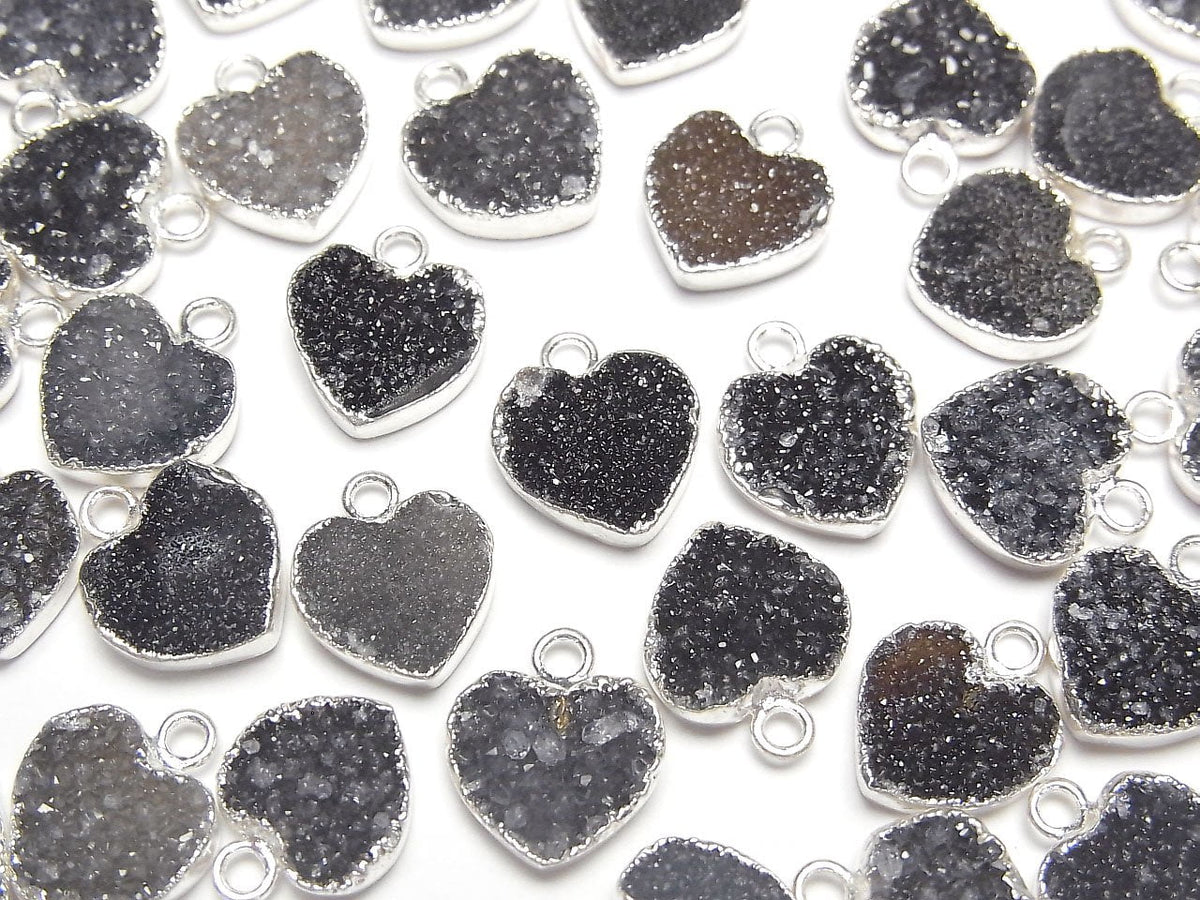 Druzy Agate Heart Charm [Black] Silver Color 3pcs