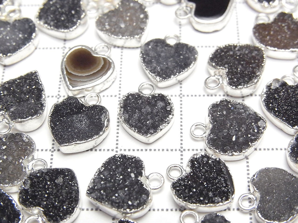 Druzy Agate Heart Charm [Black] Silver Color 3pcs