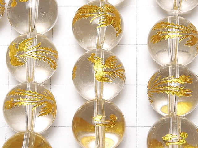 Gold! [Phoenix, Four Divine Beasts] Carved! Crystal AAA- Round 10mm, 12mm, 14mm 1/4-1strand beads (aprx.15inch/36cm)