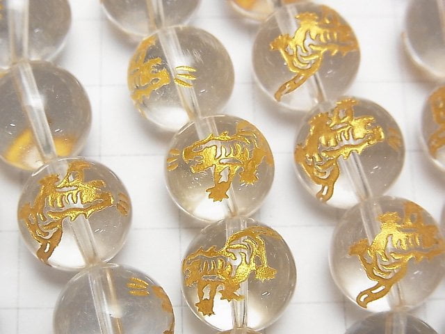 [Video] Golden! [Tiger, Four Divine Beasts] Carved! Crystal AAA- Round 14mm half or 1strand beads (aprx.15inch / 36cm)