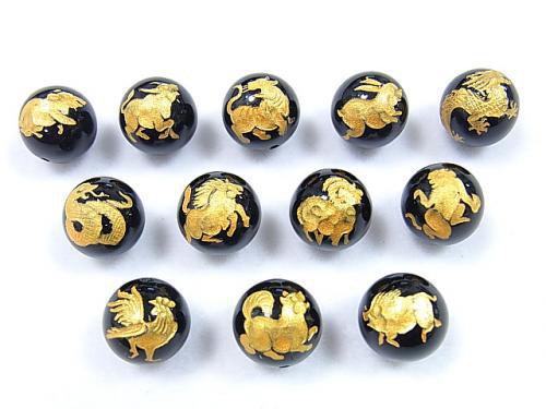 Golden! Twelve Zodiac Signs Carving! Onyx AAA Round 8mm, 10mm, 12mm, 14mm, 12pcs set!