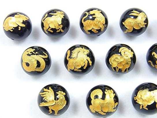 Golden! Twelve Zodiac Signs Carving! Onyx AAA Round 8-14 mm [Rat, Ox, Tiger, Rabbit, Dragon, Snake]