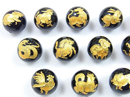 Golden! Twelve Zodiac Signs Carving! Onyx AAA Round 8-14 mm