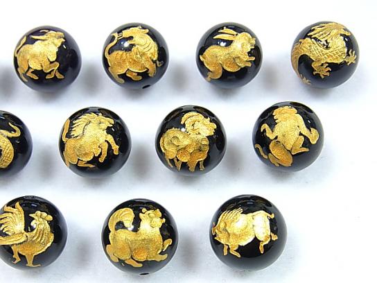 Golden! Twelve Zodiac Signs Carving! Onyx AAA Round 8-14 mm