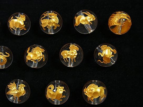 Golden! Twelve Zodiac Signs Carving! Crystal AAA Round 8-12 mm [Horse, Sheep, Monkey, Rooster, Dog, Boar] 3pcs!