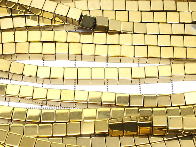 [Video] Hematite Cube 4 x 4 mm x 4 mm gold coating 1 strand beads (aprx.15 inch / 38 cm)