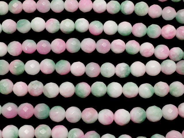 Pink & Green Jade 64Faceted Round 8mm 1strand beads (aprx.15inch / 37cm)