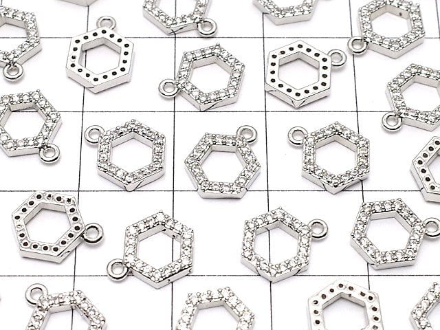3pcs $3.79! Metal Parts Hexagon Charm w / CZ Silver Color 3pcs