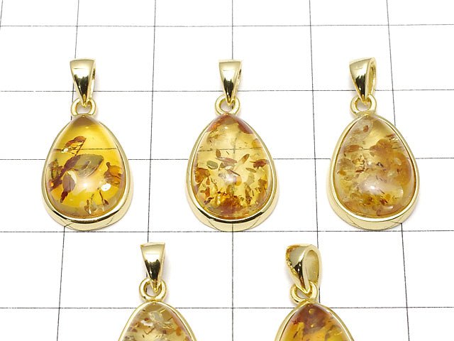 [Video] Baltic Amber Pear shape Pendant 15x11mm 18KGP 1pc