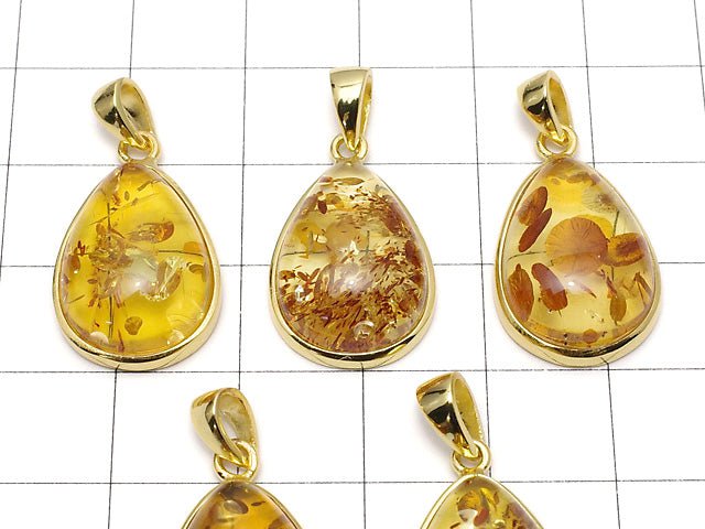 [Video] Baltic Amber Pear shape Pendant 19x14mm 18KGP 1pc