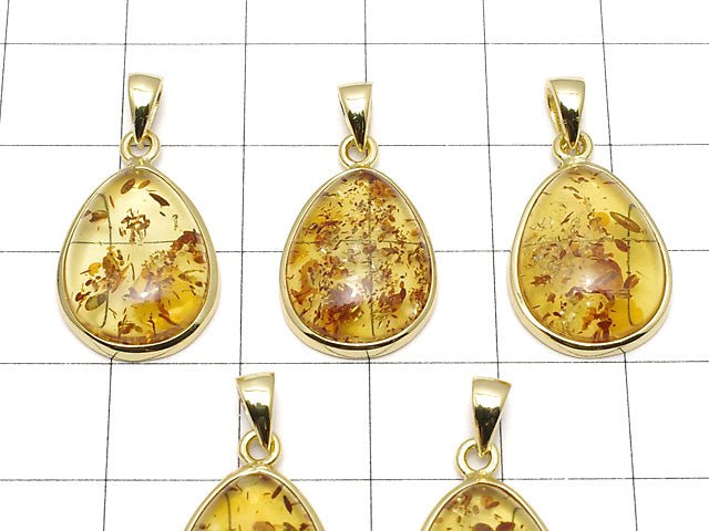 [Video] Baltic Amber Pear shape Pendant 17x13mm 18KGP 1pc