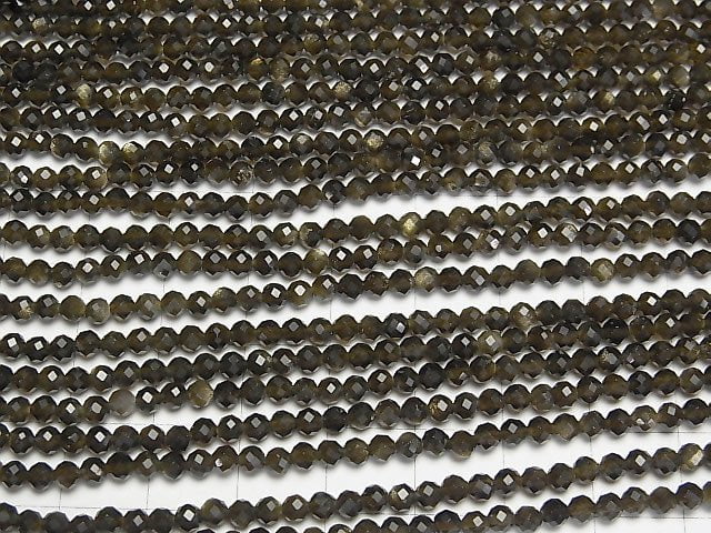 [Video] 1strand $4.79! High Quality! Golden Sheen Obsidian AAA Small Size Faceted Round 3mm 1strand beads (aprx.15inch / 38cm)