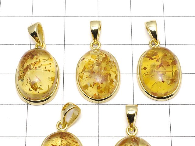 [Video] Baltic Amber Oval Pendant 17x13mm 18KGP 1pc