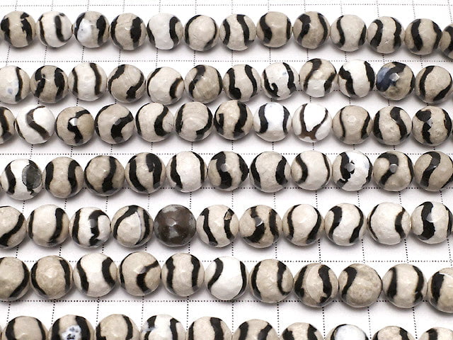 [Video] Black Line Carved Agate Faceted Round 10mm 1strand beads (approx. 14 inches/34 cm)