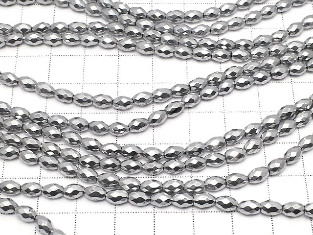 [Video] Hematite Faceted Rice 6 x 4 mm x 4 mm Silver coating 1 strand beads (aprx.15 inch / 38 cm)