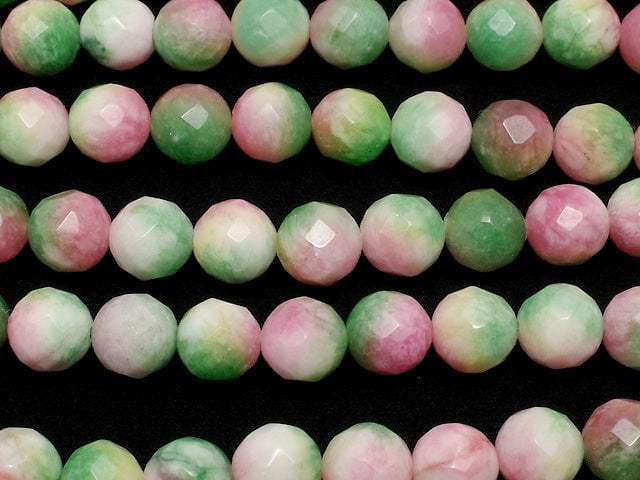 Pink & Green Jade 64Faceted Round 10mm 1strand beads (aprx.15inch / 37cm)