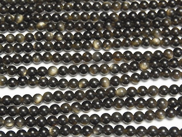 [Video] Golden Sheen Obsidian AAA Round 4mm 1strand beads (aprx.15inch / 38cm)