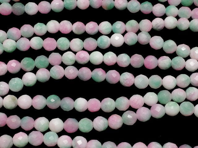 Pink & Green Jade 64Faceted Round 6mm 1strand beads (aprx.15inch / 37cm)