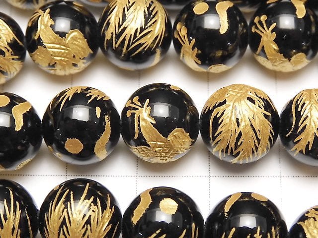 Golden! Phoenix (Four Divine Beasts) Carving! Onyx Round 10mm-16mm half or 1strand