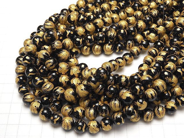 Golden! Phoenix (Four Divine Beasts) Carving! Onyx Round 10mm-16mm half or 1strand