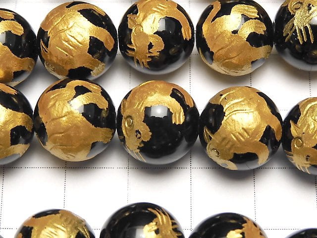 Goldie! Tiger (Four Divine Beasts) Carving! Onyx Round 10, 12, 14, 16 mm half or 1 strand beads (aprx.15 inch / 38 cm)