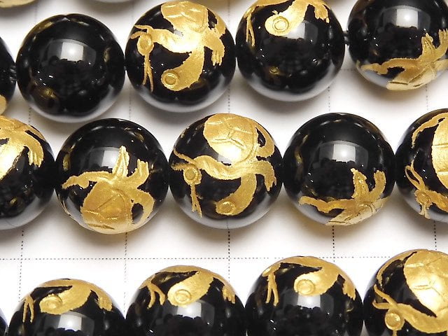 Goldie! Turtle (Four Divine Beasts) Carving! Onyx Round 10 mm - 16 mm half or 1 strand beads (aprx. 15 inch / 38 cm)