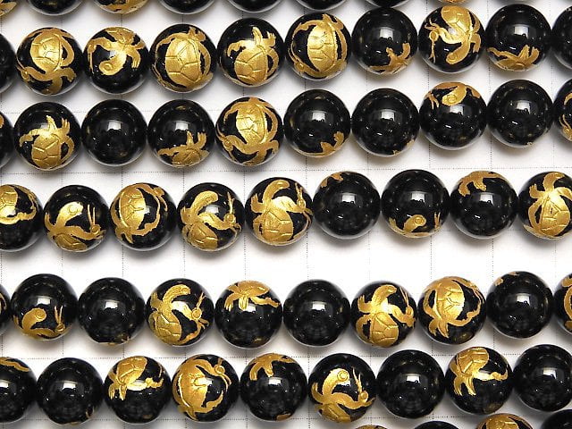 Goldie! Turtle (Four Divine Beasts) Carving! Onyx Round 10 mm - 16 mm half or 1 strand beads (aprx. 15 inch / 38 cm)