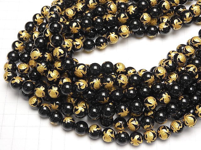 Goldie! Turtle (Four Divine Beasts) Carving! Onyx Round 10 mm - 16 mm half or 1 strand beads (aprx. 15 inch / 38 cm)
