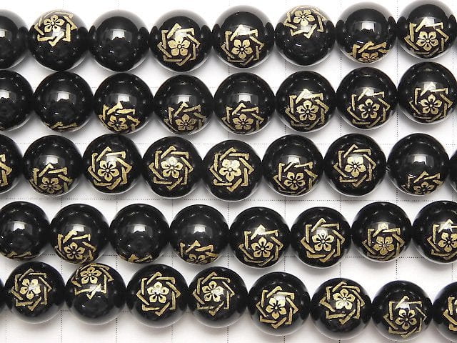 Golden Carving! Ryoma Sakamoto Emblem(KAMON) Onyx AAA Round 10 mm, 12 mm 1/4 or 1strand