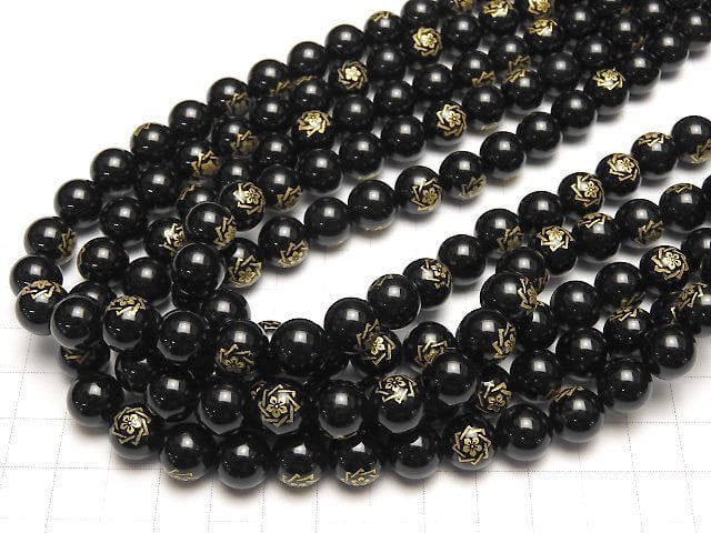 Golden Carving! Ryoma Sakamoto Emblem(KAMON) Onyx AAA Round 10 mm, 12 mm 1/4 or 1strand