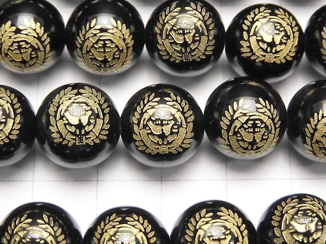 Golden Carving! Masamune Date Emblem(KAMON) Onyx AAA Round 10 mm, 12 mm 1/4 or 1strand