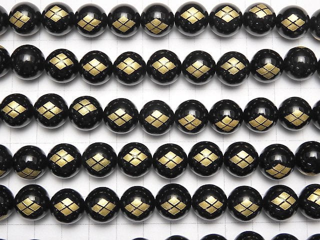 Golden Carving! Shingen Takeda Emblem(KAMON) Onyx AAA Round 10 mm, 12 mm 1/4 or 1strand