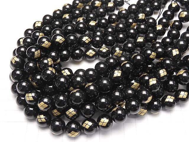 Golden Carving! Shingen Takeda Emblem(KAMON) Onyx AAA Round 10 mm, 12 mm 1/4 or 1strand