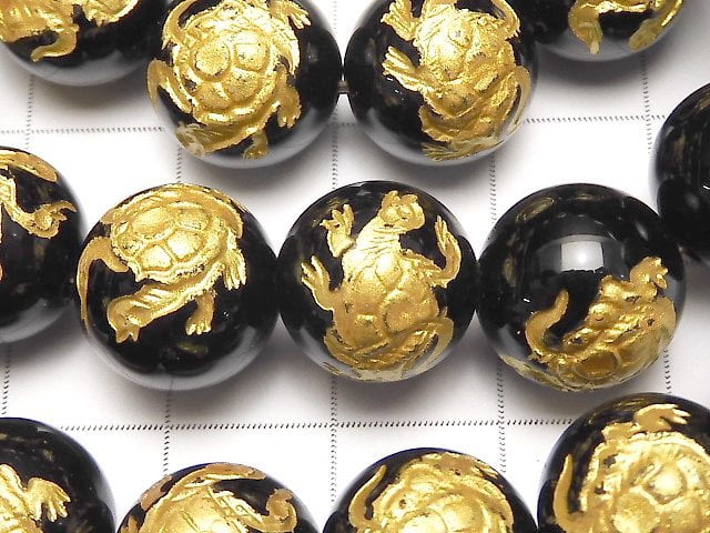 Goldie! Turtle (Four Divine Beasts) Carving! Onyx Round 10, 12, 14, 16 mm half or 1 strand