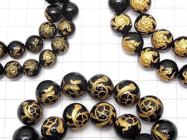 Goldie! Turtle (Four Divine Beasts) Carving! Onyx Round 10, 12, 14, 16 mm half or 1 strand