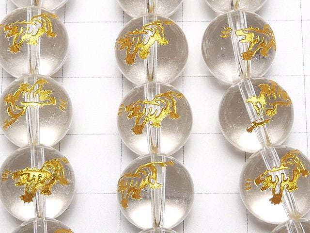 [Video] Gold! [Tiger, Four Divine Beasts] Carved! Crystal AAA- Round 10mm, 12mm, 14mm 1/4-1strand beads (aprx.15inch/37cm)