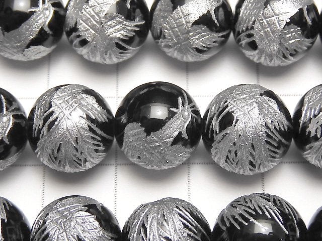 Silver! Phoenix (Four Divine Beasts) Carving! Onyx Round 10 mm - 16 mm half or 1 strand