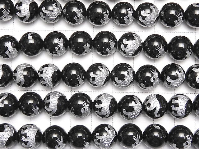 Silver! Tiger (Four Divine Beasts) Carving! Onyx Round 10 mm - 16 mm half or 1 strand beads (aprx. 15 inch / 38 cm)