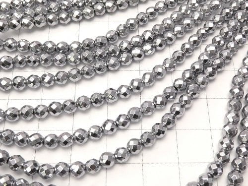 Hematite 32Faceted Round 4mm Silver Coating 1strand beads (aprx.15inch / 37cm)