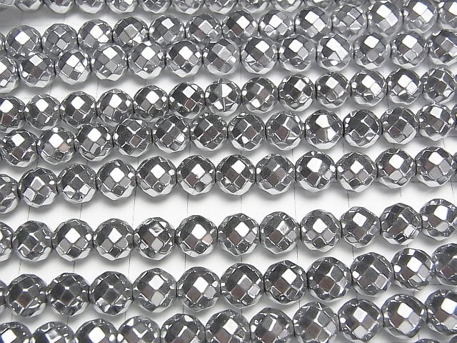 Hematite 64Faceted Round 8mm Silver Coated 1strand beads (aprx.15inch/37cm)