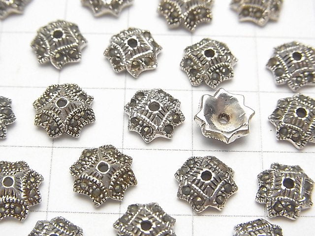 Silver 925 Marcasite Bead Caps, 8x8x3mm, 2pcs